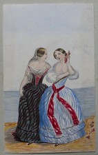 Petite aquarelle 19ème Elégantes bord de mer******11 x 6,5 cms