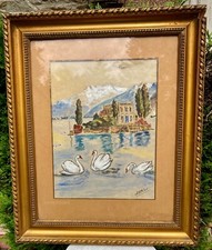 tableau, peinture, Aquarelle Paysage montagne, lac,cygnes, Signée J.Papail - N°1