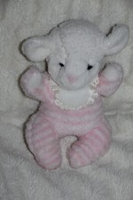 DOUDOU PELUCHE VINTAGE  NOUNOURS MOUTON  AGNEAU BLANC RAYE ROSE 25 cm