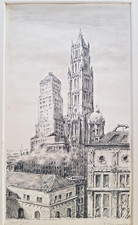Ancien dessin à l'encre de Chine, Lavis, New-York, Woolworth building, c 1935.