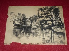 [DESSIN PRESSE BD] MARCEL THIERRY DESSIN ORIGINAL Aquarelle Etang Arbres Etude