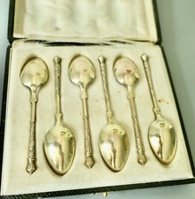 6 Anciennes Cuillères Russe Thé Café, Argent Massif et Vermeil Poinçon Sanglier