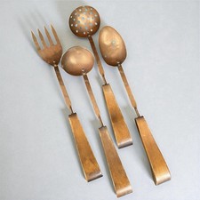 Lot 4 ustensiles service cuisine cuivre sculpté & bois vintage louches écumoire