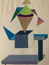 Beau Dessin  Peinture Gouache Sur Papier abstraction 1980 Abstrait Géométrique