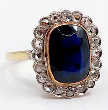 Bague pompadour art deco or 18k pierre bleue et diamant taille rose (circa 1900)