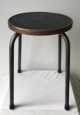 Tabouret d’atelier en acier, bois et laiton cuivré, France, circa 1950