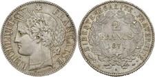 Rare 2 francs Cérès, petit A, 1871 Paris IIIe république SUP