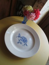 Vaisselle faience ancienne grand plat rond Digoin 33 cm Rose bleue
