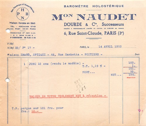 Facture 1953 barometre - 1953,