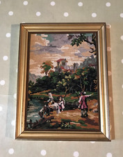 Vintage Tapisserie Encadrée Scène Campagne Maîtres Anciens France 20 x 25 cm