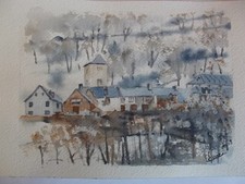 Aquarelle originale signée  paysage des Pyrénées "Mont  sous la neige"