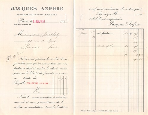 Facture 1922 jacques - facture, anfrie