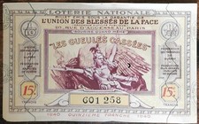 Billet de loterie nationale 1940 15e tranche - Gueules Cassées  1/10