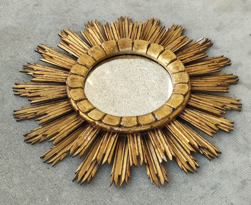 Ancien miroir soleil - miroir, bois