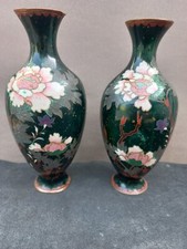 Paire Vase Chinois  Décor  Fleurs et Paillettes Dorées Laiton Cloisonné Émaillé