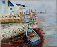 PORT BRETON MARINE BRETAGNE  TABLEAU PEINTURE  PARIS SIGNE JUMEAUX JEAN PIERRE