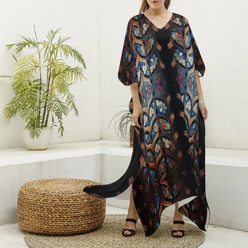 Dark floral satin kaftan maxi - kaftan,