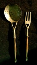 Vintage FORK STRAINER Wood Handle antique metal art primitive
