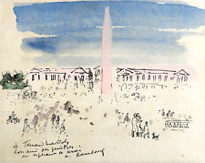 Ancien dessin  André Hambourg place de la concorde animée envoi plume aquarelle