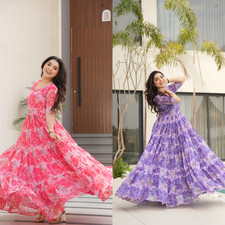 FEMMES Faux Georgette Imprimé Robe Long Indien Robe pour Mariage Soirée Choli