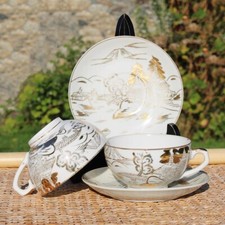 Paire de tasses à thé japonaises en porcelaine Kutani / Geisha en lithophanie