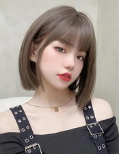 Perruque Synthétique Brun Châtain Foncé Femme Courte Lisse Frange 35cm +4 Bonnet