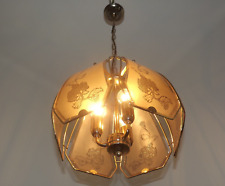 Plafonnier vintage français métal doré 3 ampoules 6 panneaux de verre ambré floral 3806