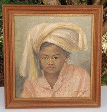 portrait femme Joko Mullono 1981 huile toile signé painting oil signed Art Asie