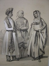 Belle lithographie Costumes Tibetain Peuple Samoyède Arabe c1860 TIBET Sibérie