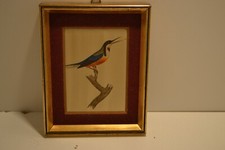 MINIATURE  PEINTURE SUR SOIE  DECOR OISEAU  MARTIN PECHEUR  TABLEAU   DU XX EME