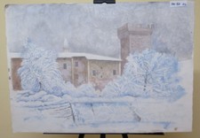 Tableau Vintage Peinture Aquarelle Paysage Hiver À Piumazzo Modena P31