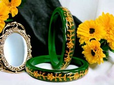 Lot de 2 bracelets Shakha Pola vert ethnique stratifiés plaqués or pour femmes