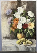 Huile signée XXe Ancien bouquet de fleurs Nature morte aux fleurs et aux poires