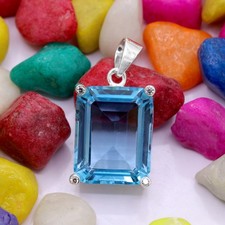 925 Argent Sterling Naturel Radiant Coupe Topaze Bleu & Zircone Femmes Pendentif