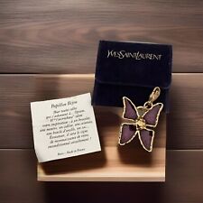 YVES SAINT LAURENT Pendentif Vintage PAPILLON doré & Email violet + POCHETTE