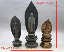 Japonais Ancien Bouddhiste Art en Bois Statue Sculpté à la Main Ensemble De 3 #2