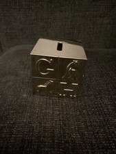Vintage silver plated Metal coin bank Children's ABC Cube Piggy Bank