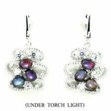 Boucles d"oreilles en Argent massif, vrais Opale de Feu Noir et Zircons