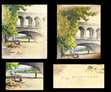 EUGÈNE DELÉCLUSE -  GRANDE AQUARELLE et FUSAIN - VIADUC D"AUTEUIL
