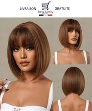 Perruque Carré Femme Chatain Coupe Courte  Cheveux Lisse Synthétique Wig Frange