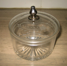 Ancienne Boite en Cristal gravé & Métal argenté Bonbonnière Beurrier..