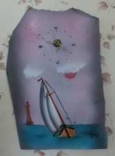 PENDULE artisanale sur ARDOISE décorée -Bateau- Thème de la mer (HORLOGE à pile)