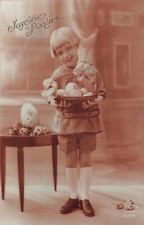 CP SEPIA PAQUES PETITE FILLE COUPE CARRÉ SOURIANTE PANIER OEUFS DECORES - 73707