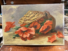 ancien tableau huile sur panneau nature morte bouquet de fleurs signé coquelicot