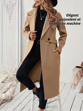 Veste Longue Élégante en Tweed Noir Femme Ceinture Ajustable Lavable en Machine