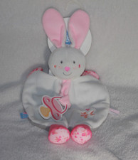 DOUDOU SUCRE D'ORGE LAPIN PLAT BLANC ROSE GRIS FLEUR ATTACHE TETINE 100% NEUF