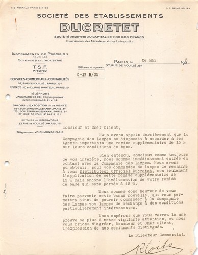 Facture 1935 societe des - des, ets