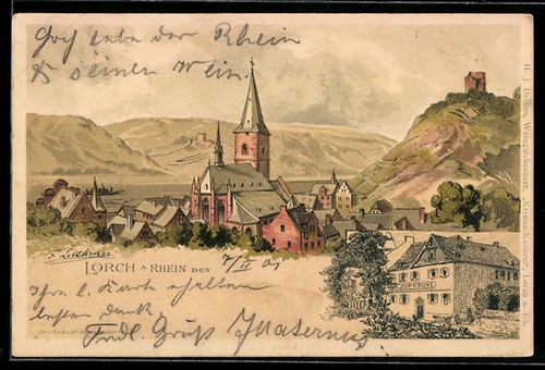 Lithographie lorch rhein - lithographie, a.