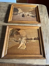 ⭐️ 2 ANCIEN PANNEAUX MARQUETERIE JARDIN CHATEAU 2 ANTIQUE MARQUETRY WOODEN PANEL