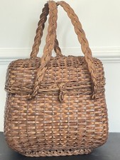 Charmant Panier ancien à Couture / Mercerie avec Anses et Couvercle Osier Poupée